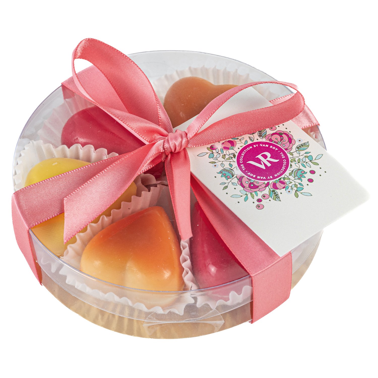 Asstd decor chocolate hearts with fruit filling in round gift box - 12 x 85g