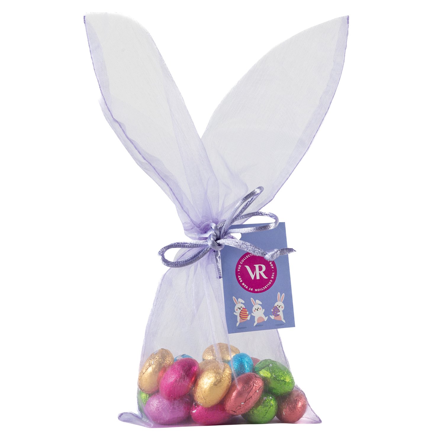 Organza bunny ears bag of foiled milk choc mini eggs - 5 cols - 15 x 100g