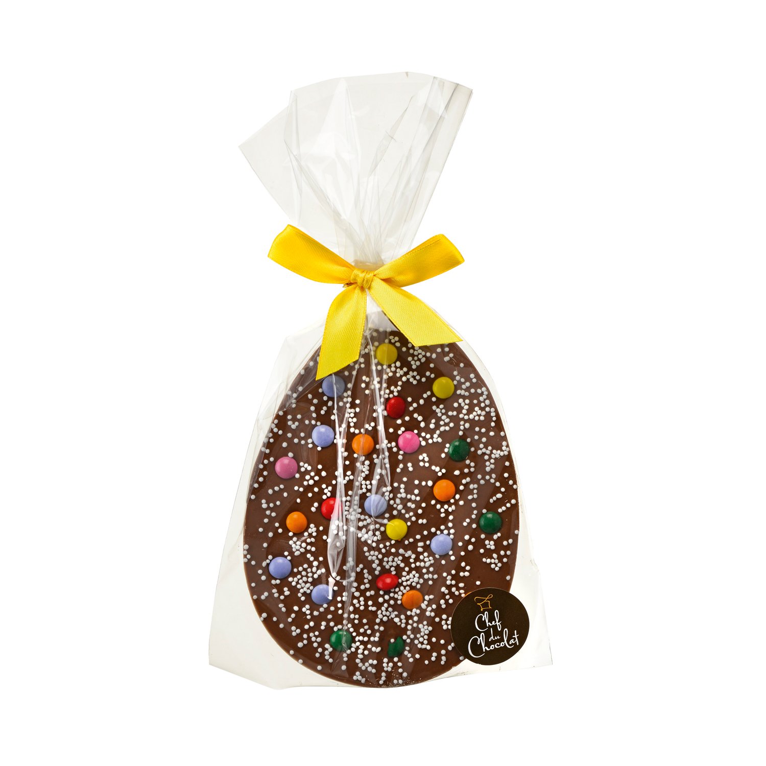 Decorated milk choc Easter egg plaque in clear gift bag - 12 x 100g