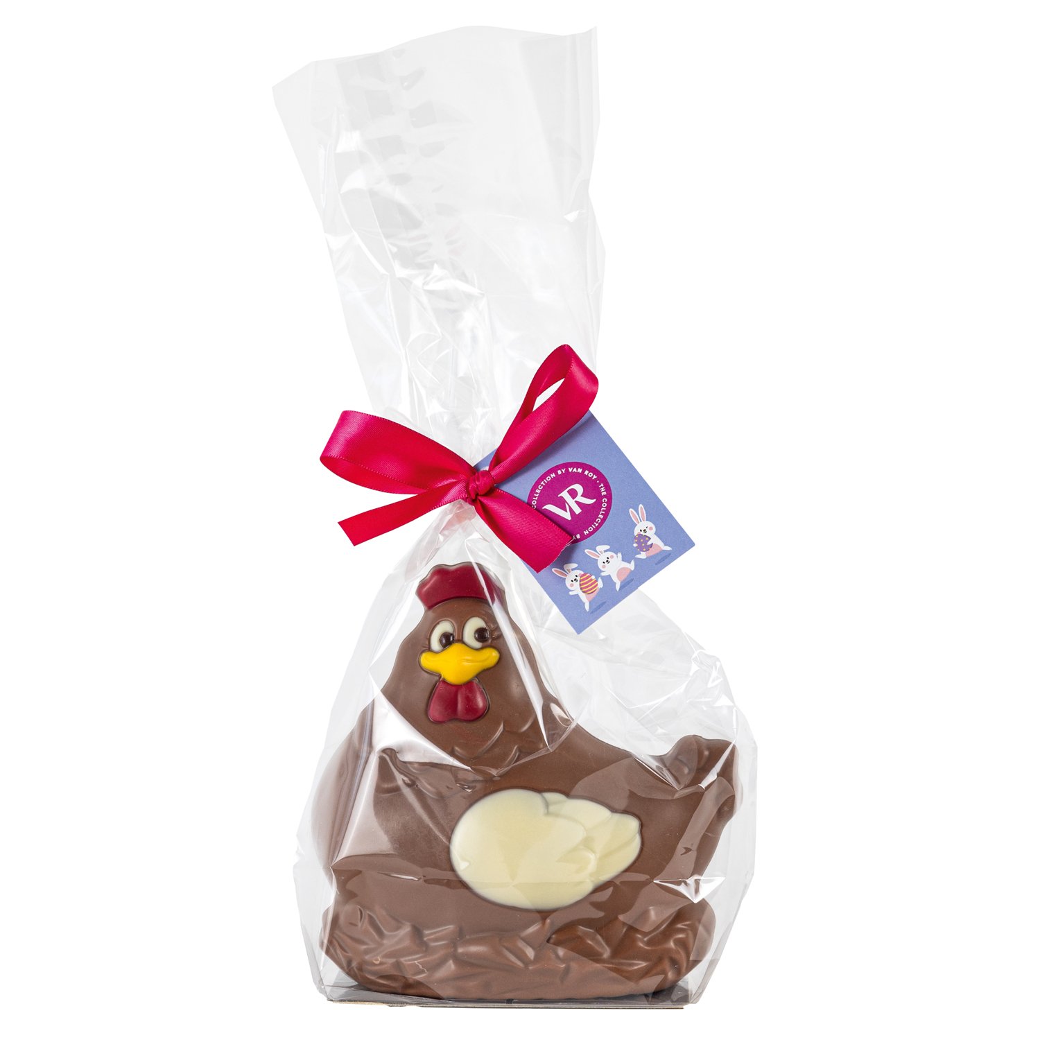 Belgian milk choc decorated hollow Meggy hen in gift bag - 6 x 135g