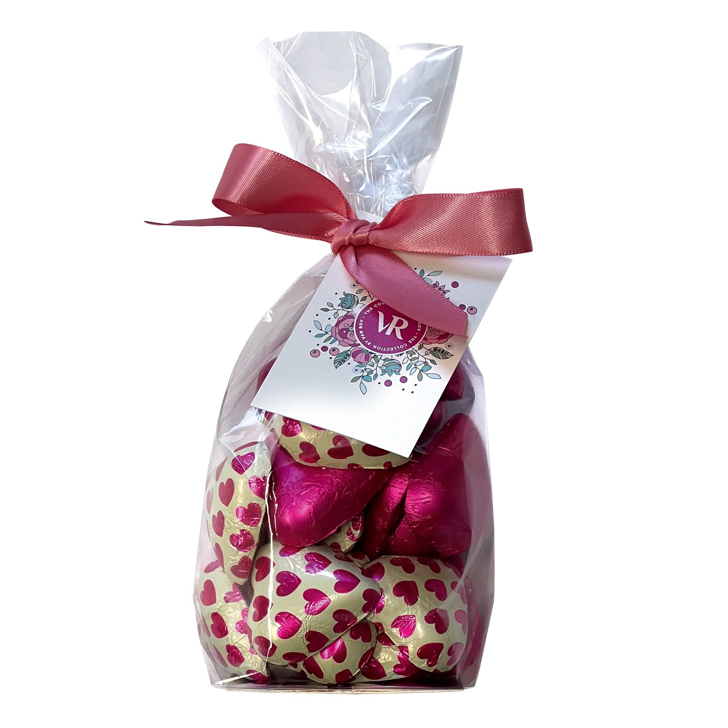 Solid milk hearts with mixed design foils in gift bag - 12 x 150g