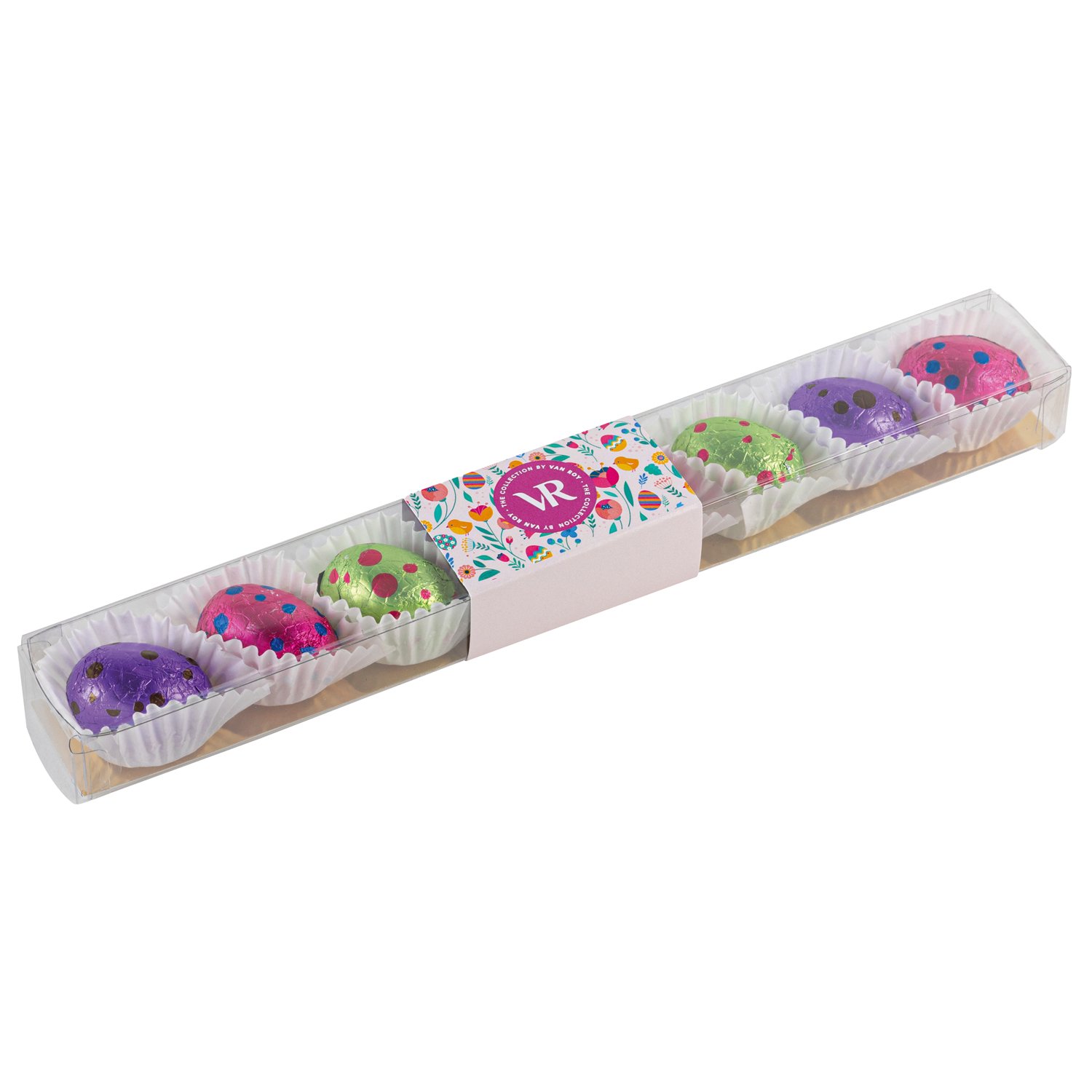 Assorted praline filled foiled mini eggs in clear stick pack - 12 x 80g