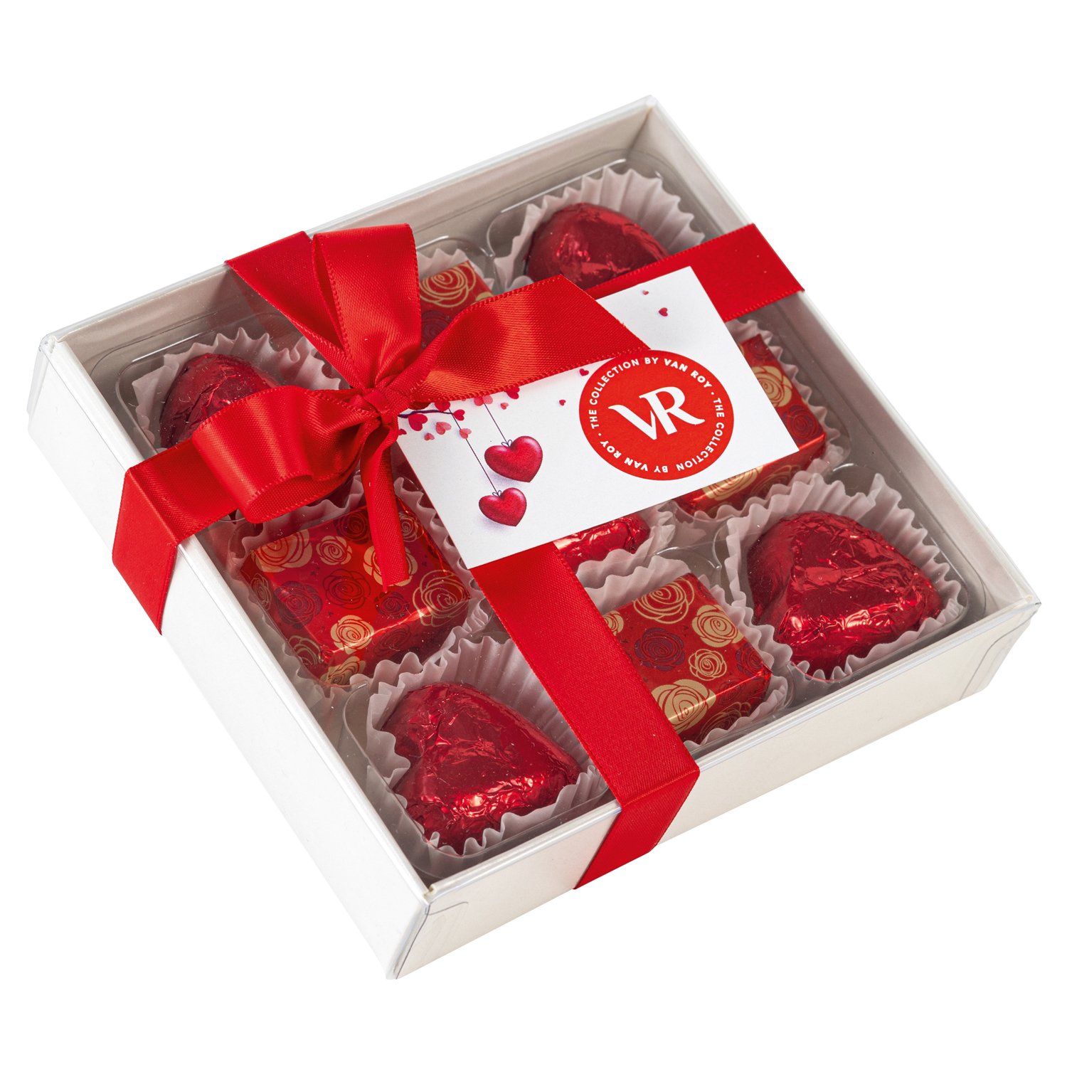 Selection of foiled hearts and rose chocolates in 9 pc gift box - 12 x 100g