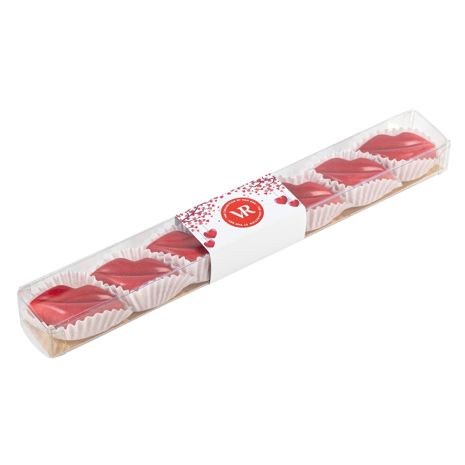 Red coloured white chocolate lips in clear stick box - 12 x 85g